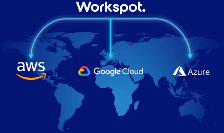 world map with workspot, aws, google cloud and azure
