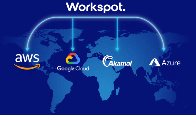world map with workspot, aws, google cloud and azure