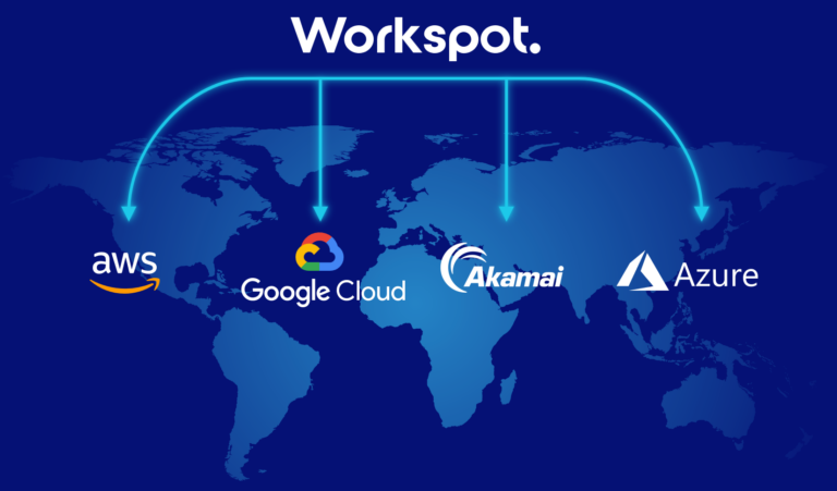 world map with workspot, aws, google cloud and azure